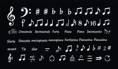 Various music notes arrangement with treble and bass clefs on white background © Stud