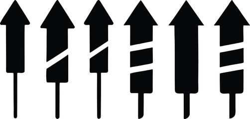 A row of black fireworks with a white background. The fireworks are all different sizes and are arranged in a row