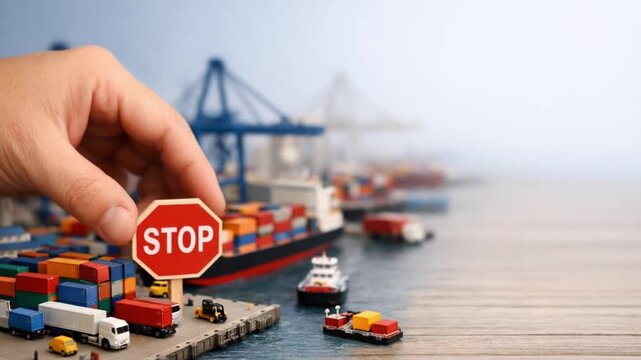 Import Tariffs policy impact concept. Hand placing a stop sign near mini cargo ships and containers at a harbor.