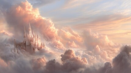 Cloud castle rises above the horizon during sunset with colorful skies