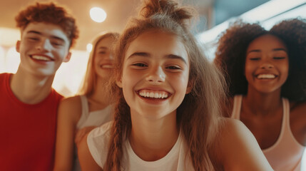 Fototapeta premium Smiling Woman in Fitness Class, Surrounded by Friends