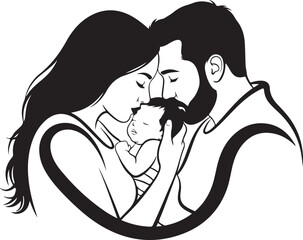 Parents Kissing Newborn Baby Silhouette,
Loving Mother and Father Holding Infant Illustration,
Family Love with Newborn Baby Black Silhouette