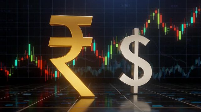 A stylized golden Indian Rupee symbol outgrowing a silver US Dollar sign on a financial chart background, 4k.