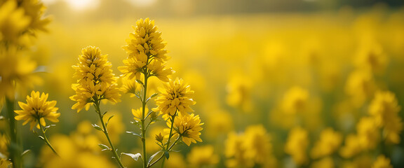 Obraz premium A vibrant and expansive field of golden yellow rapeseed flowers basks in the warm glow of sunlight showcasing nature s beauty