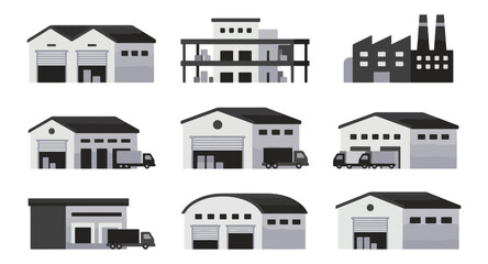 Fototapeta premium Industrial buildings and warehouses vector illustration set