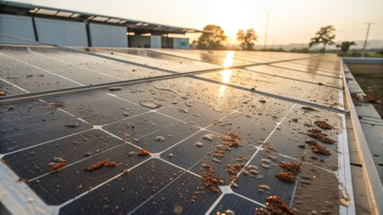 Dirty solar panels in community setting show decline in efficiency as sunlight reflects off surface with dust and debris during sunset