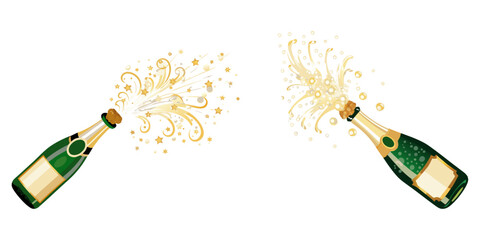 A green champagne bottle popping open, golden cork flying upward, and champagne spraying out in an arc of fizzy bubbles on a clean white background, flat vector illustration style.