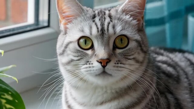 Close-up of a silver striped cat gazing out the window with vibrant green eyes and soft fur
