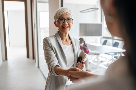 Business Greeting Between Professionals In A Modern Office Lobby During A Friendly Handshake