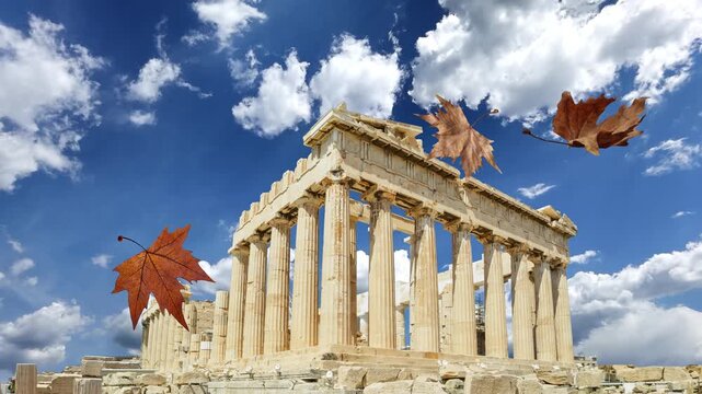 parthenon leaves falling greecen athens in autumn season