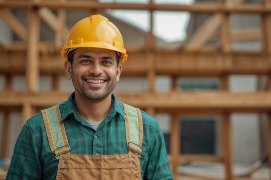 A man worker wearing a yellow hard hat and a green shirt is smiling and looking at camera of construction frame and building at the construction site - Powered by Adobe