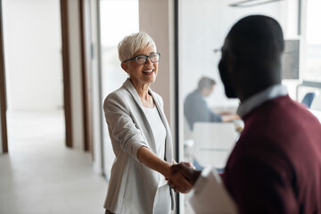 Obraz premium Friendly Handshake Between Businesswoman and Colleague in Modern Office Corridor