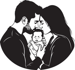Parents Kissing Newborn Baby Silhouette,
Loving Mother and Father Holding Infant Illustration,
Family Love with Newborn Baby Black Silhouette
