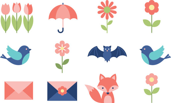 Cute spring icons vector illustration set with flowers birds fox umbrella bat envelopes and colorful flat elements