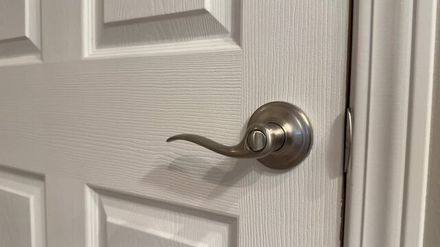 Female hand locks an interior door with a lever handle, showing a basic home security and privacy action. Close up view with a clean indoor setting.
