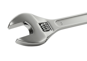 A hyper-detailed adjustable chrome wrench isolated on a pure white background with copy space, shown in a diagonal close-up. Concept of industrial precision