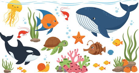 Cute underwater ocean animals vector illustration set with whale shark turtle fish coral and sea life characters © Sumon Creative