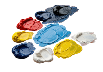 A classic wooden artist's palette with thick dabs of vibrant oil paint in a macro close-up on a clean white background. Concept of artistic expression and creativity