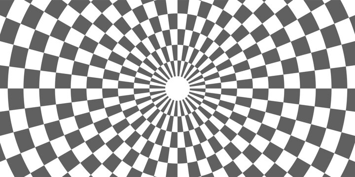 Checkered circle frame. Circle frame with checkerboard geometric pattern. Round chess border with black and white square pattern. Round race frame. Vector illustration on white background.