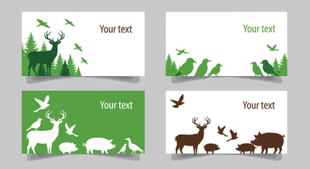 Green wildlife nature banner collection with forest animals silhouettes, eco friendly design templates for environmental conservation and natural habitat themes