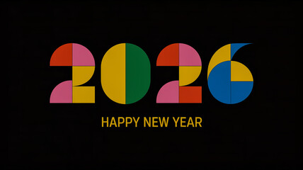 Colorful geometric numbers 2026 with Happy New Year text on black background circles