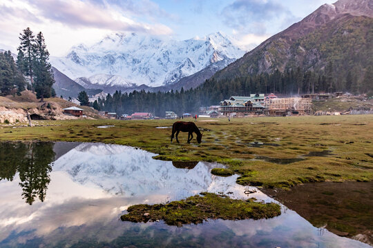 Reflection lake in Fairy Meadows under Nanga Parbat mountain in Gilgit-Baltistan region in Pakistan