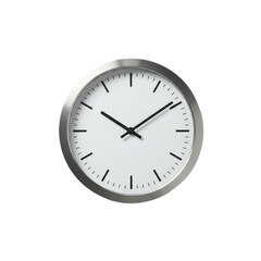 A premium modern minimalist round stainless steel wall clock at 10:10, black hands and numerals on a white face, isolated on a pure white studio background. Concept of impeccable precision.