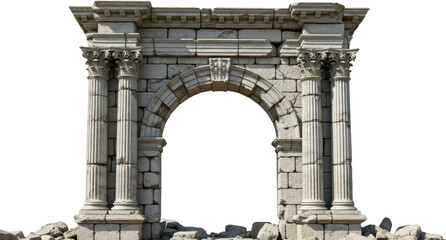 Weathered ancient stone triumphal arch with Corinthian columns and rubble scattered at its base stands ruined showcasing classical architectural fragments Architecture Ruins Monument