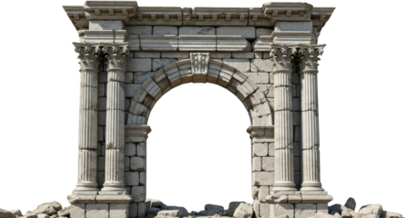 Weathered ancient stone triumphal arch with Corinthian columns and rubble scattered at its base stands ruined showcasing classical architectural fragments Architecture Ruins Monument
