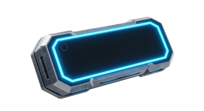 Photorealistic 3d rendering of a sci-fi gui button with a metallic frame and blue neon glow, isolated on a white background. High-tech user interface concept