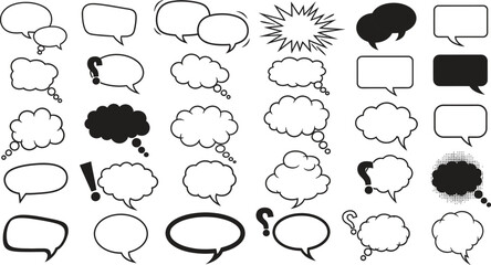 Collection of hand drawn speech bubbles and thought bubbles in various shapes and styles