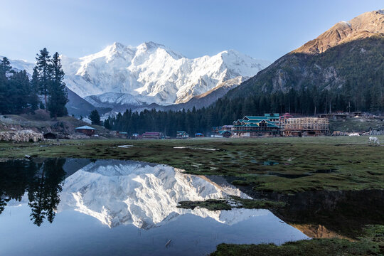 Reflection of Nanga Parbat mountain in Fairy Meadows in Gilgit-Baltistan region in Pakistan