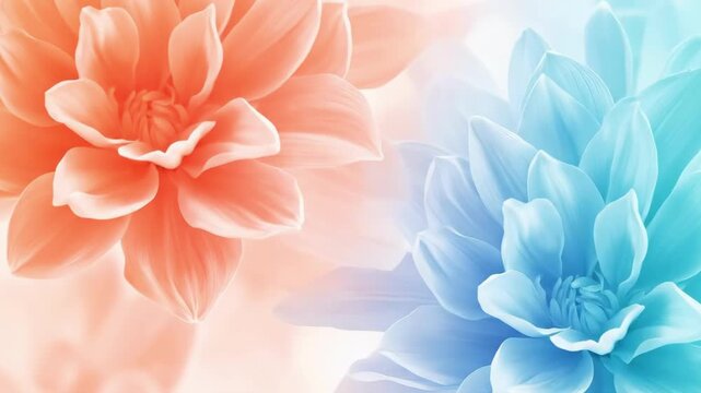 Elegant motion background zoom in, detailed orange and cyan dahlia flowers gently pulsating, vibrant floral abstract looping