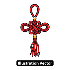 An intricate red decorative knot illustration with golden accents and tassel on a white background