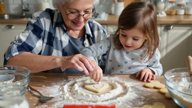 A cheerful grandmother and her young granddaughter making cookies together in a bright kitchen, surrounded by flour and cookie shapes