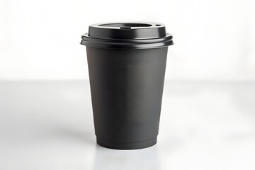 An isolated 3d illustration of a black coffee cup with a lid, presented as an empty plastic container for waste or recycling on a white background