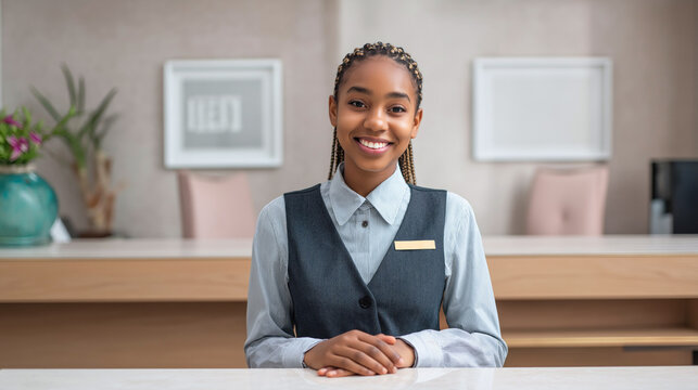 Friendly young African American woman receptionist with braided hair smiling at hotel front desk. Professional hospitality, customer service, and corporate business concept