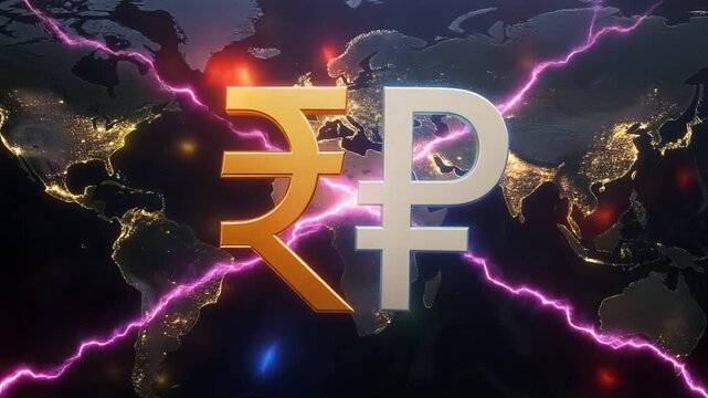 Ultra realistic 3D rendering: Massive stylized golden symbols of ₹ Rupee and ₽ Ruble standing side-by-side on a white financial chart background, 4k.