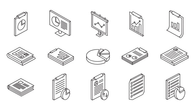 Set of 15 isometric business icons. Charts, graphs, lists, documents displayed. Black outlines, white fill, no color