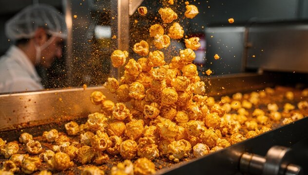 Closeup medium shot of cheesecoated popcorn tumbling on a conveyor belt inside a bustling popcorn production facility. Spices and seasoning dust fill the air.