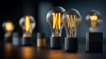 Group of Glowing Vintage Edison Light Bulbs on a Dark Background with Warm Filaments