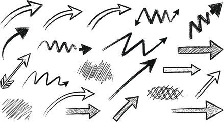 Grunge hand drawn black ink brush strokes set with paint splatters and arrows