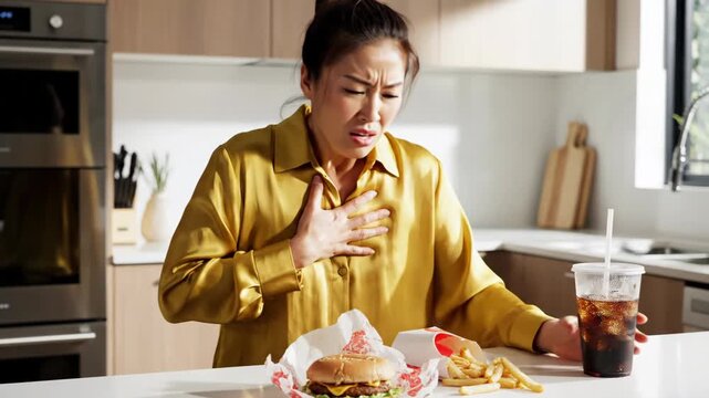 Asian woman suffering from heartburn and chest pain after eating fast food. A person feeling sick with indigestion and acid reflux from an unhealthy meal. Health problem concept