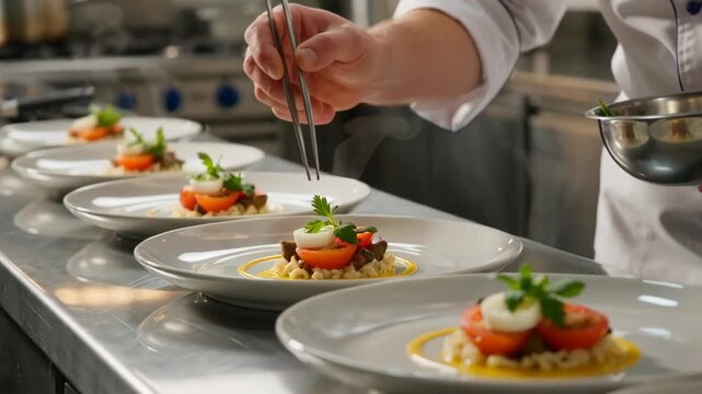 Chef meticulously plating a gourmet dish with precision in a modern kitchen, vibrant colors and fresh ingredients