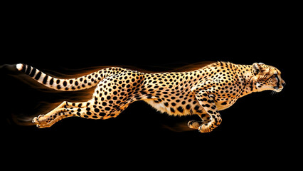 Fototapeta premium leopard on black background, Cheetah In Full Sprint With Fiery Light Trails Across Black Background