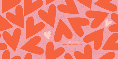 Cute valentines day background decorated with red hearts on pink. Vintage hand drawn line art vector illustrations for wedding or valentine day card invitations, poster, event placard or party banner.