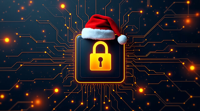 Locked digital padlock in festive hat glowing on circuit board background, secure holiday data concept with warm lights