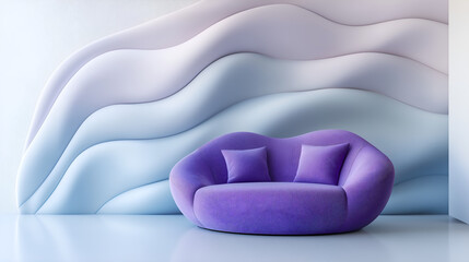 Modern purple sofa in minimalist room with wavy blue and white walls