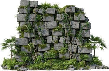 Ancient weathered stone wall blocks heavily overgrown with vibrant green moss trailing vines ferns and small palm trees suggesting jungle ruins Tropical Texture Background Vegetation