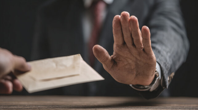 Close up of a person hand rejecting an envelope offered as a secret bribe